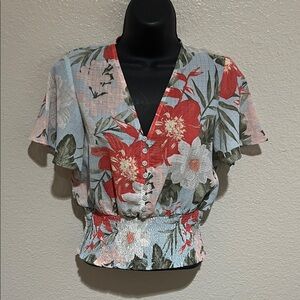 Derek Heart Red Floral V-Neck Smocked Waist Blouse